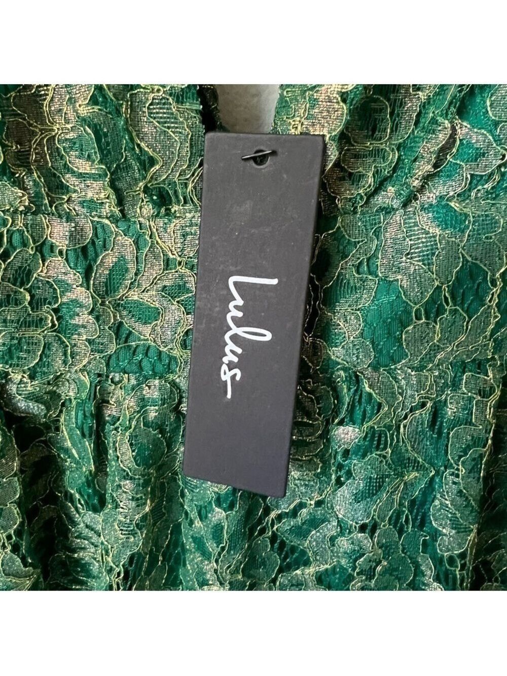 Lulus Tawny Green Metallic Skater Dress Floral Lace Deep V-Neck Size Small NWT - Picture 11 of 14